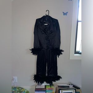 Boohoo Premium Feather Trim Pyjamas pajama set black